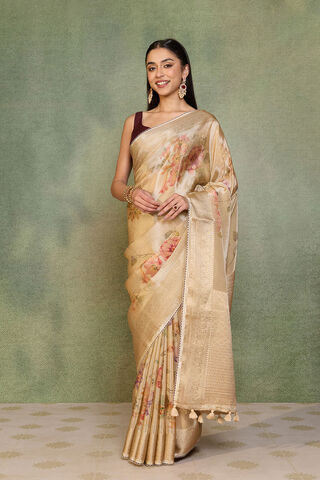 Beige Printed Viscose Tissue Saree thumbnail image number null