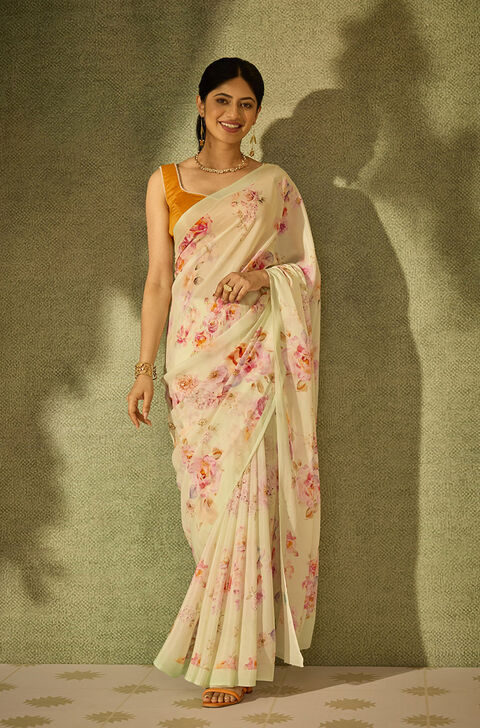 Light Green Printed Viscose Crepe Saree