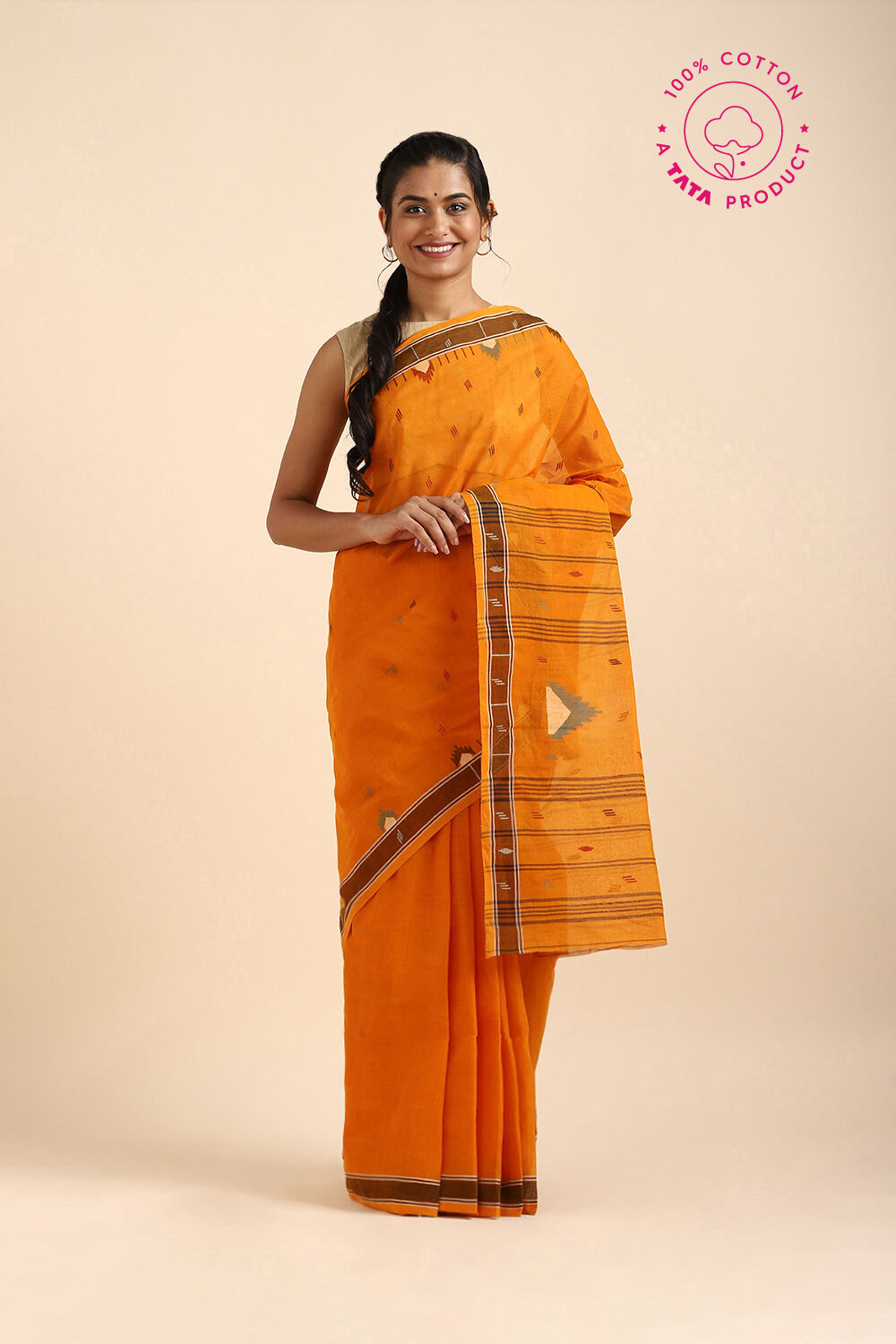 Orange Pure Cotton Bengal Saree image number null