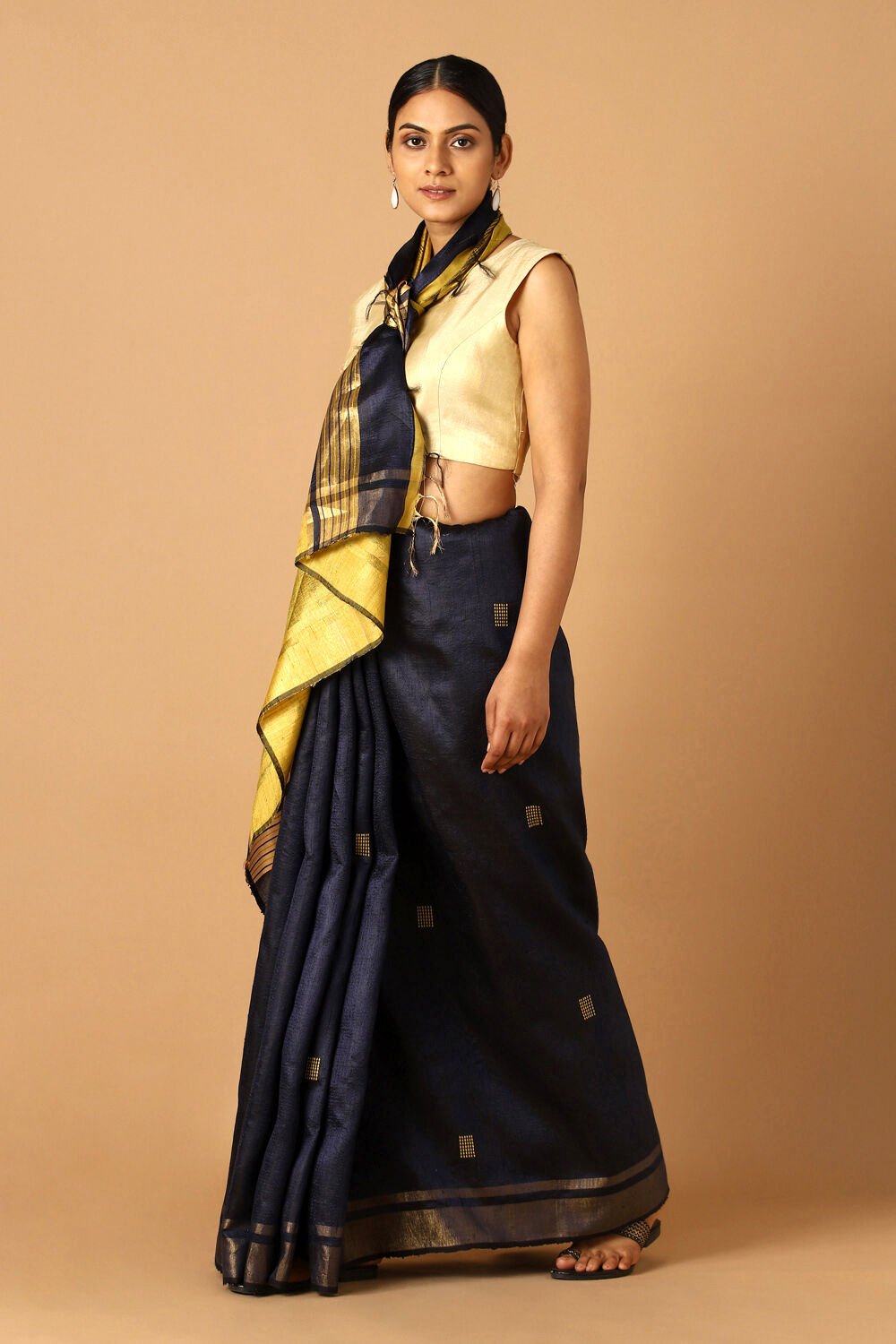 Dark Blue Pure Tussar Silk Bhagalpuri Saree image number null