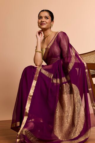 Purple Woven Pure Silk Chiffon Saree image number