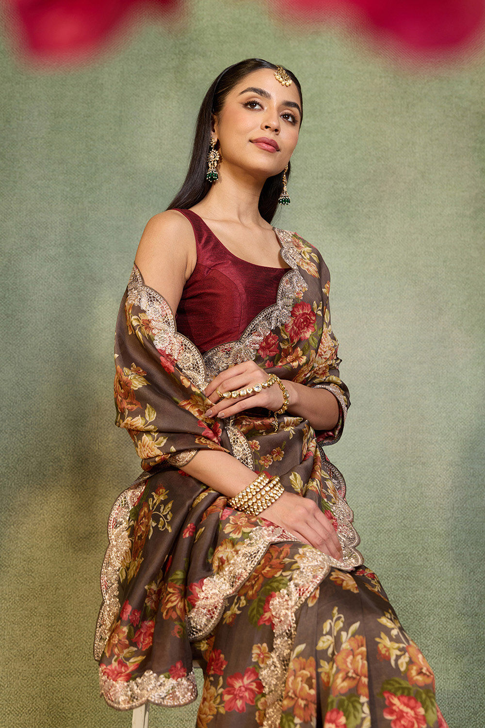 Brown Embroidered Pure Viscose Saree image number null