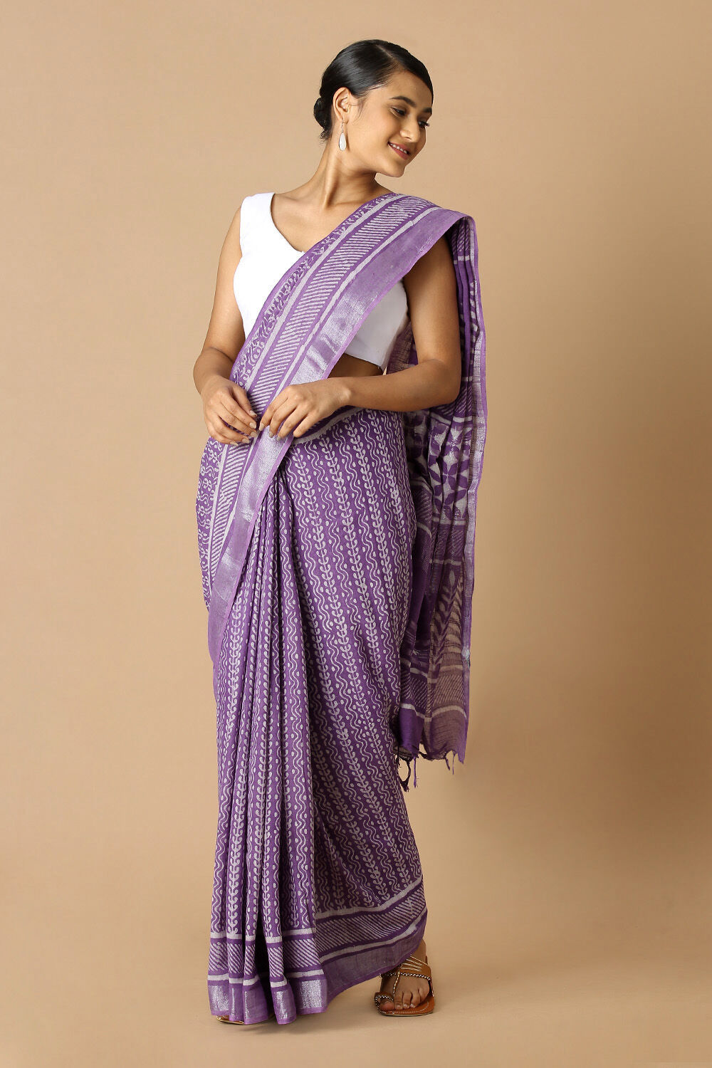 Violet Pure Cotton Linen Bagru Printed Saree image number null