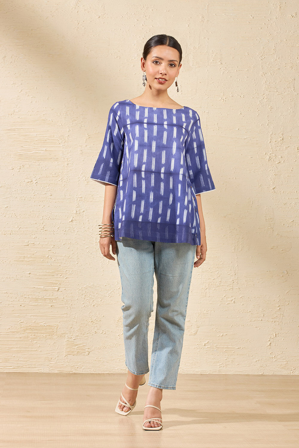 Blue Pure Cotton Tie and Dye Shibori Short Top image number null