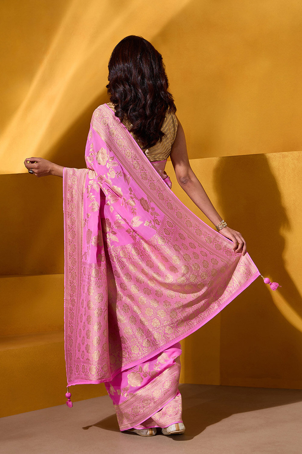 Pink Woven Viscose Georgette Saree image number null