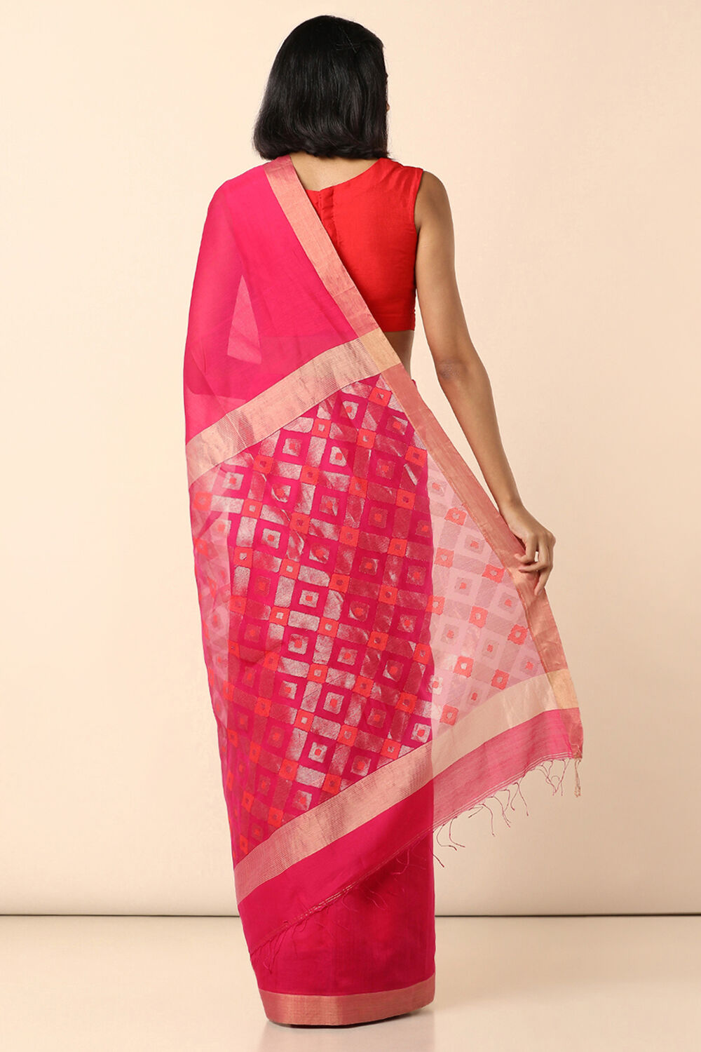 Dark Pink Pure Silk Cotton Bengal Saree image number null