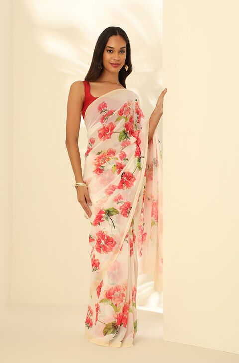 Off White Viscose Georgette Digital Print Saree