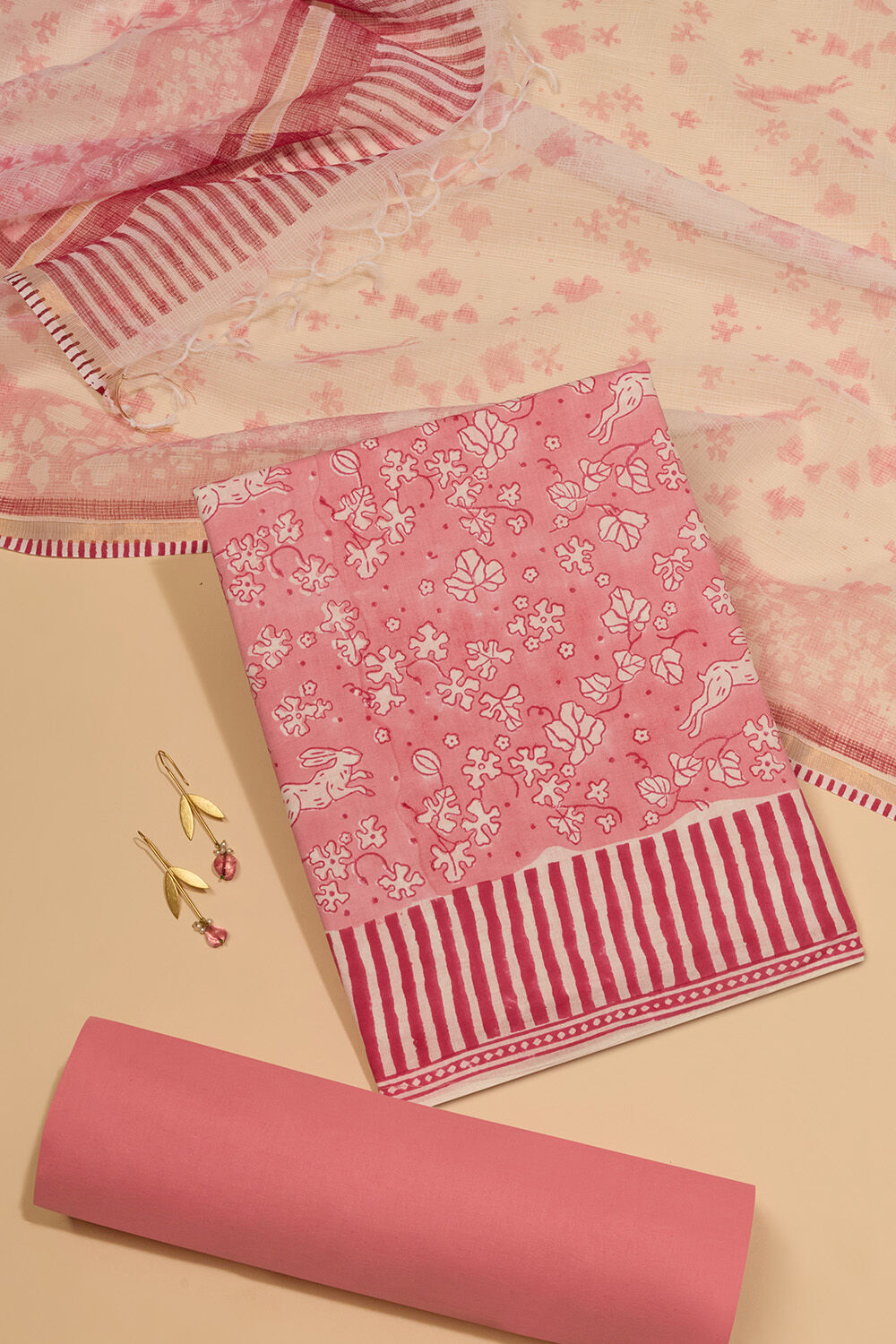 Pink Bagru Block Printed Pure Cotton Unstitched Suit Set image number null