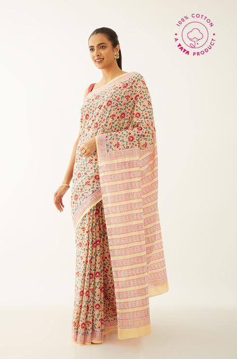 Yellow Pure Cotton Block Print Saree