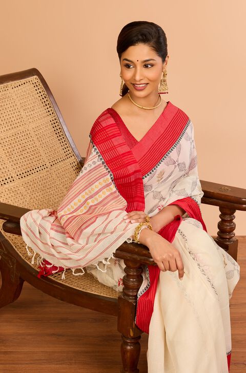 Off White Cotton Bengal Block Print Saree