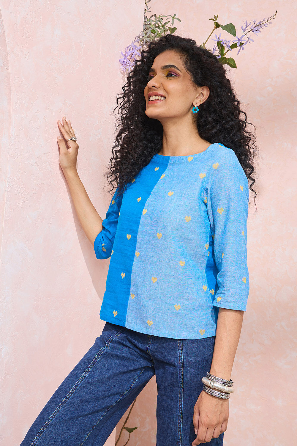 Blue Woven Pure Cotton Short Top image number null