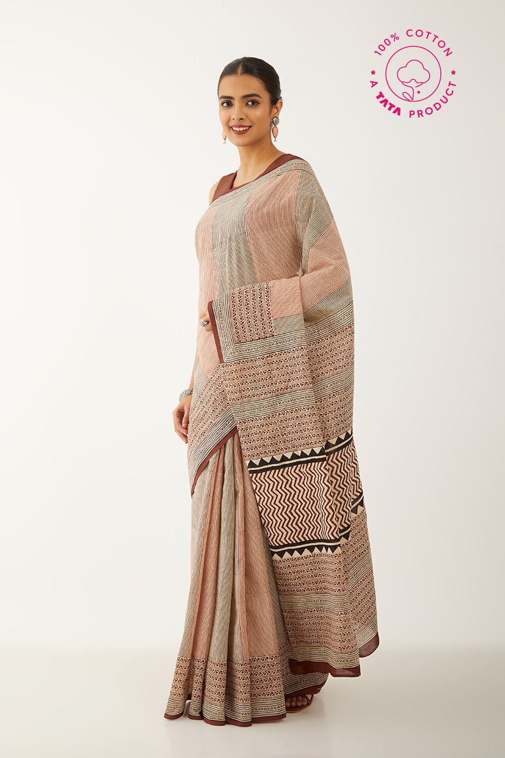 Brown Pure Cotton Block Print Bagru Saree image number null