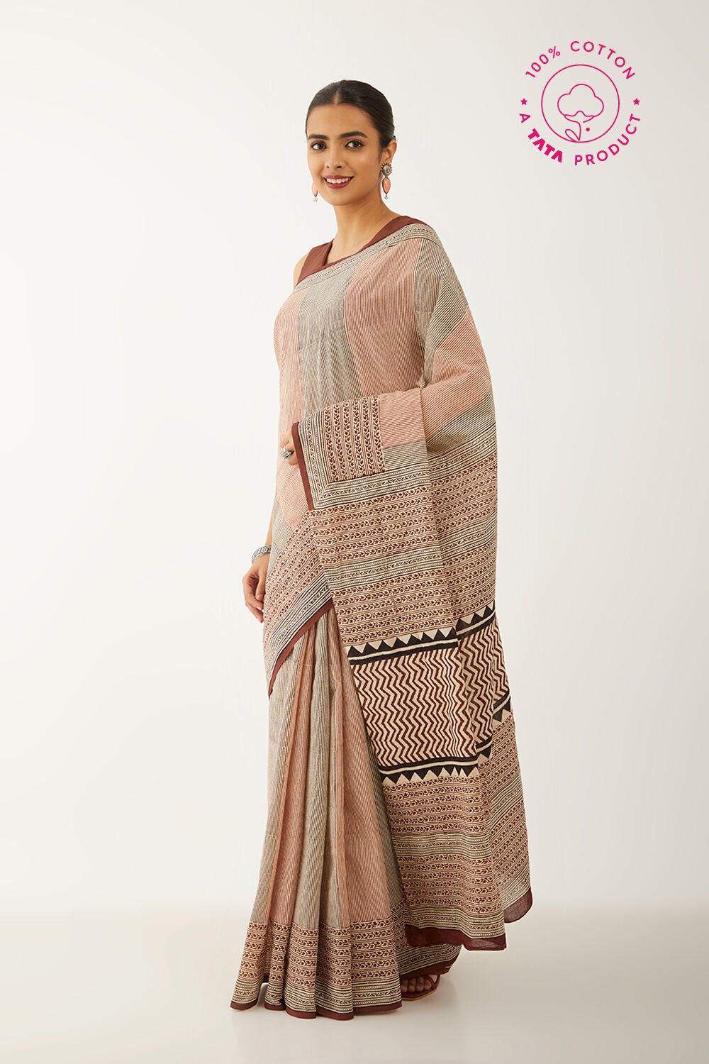 Brown Pure Cotton Block Print Bagru Saree image number null