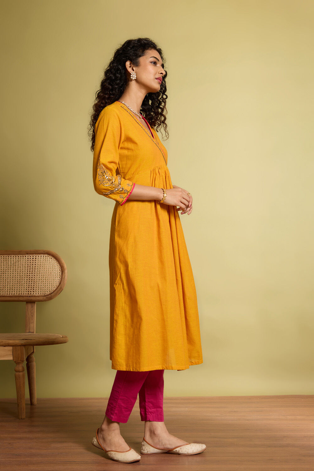 Yellow Embroidered Pure Cotton Kurta image number null