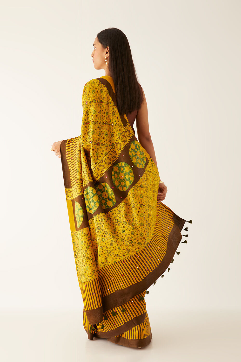 Yellow Pure Silk Ajrakh Printed Saree image number null