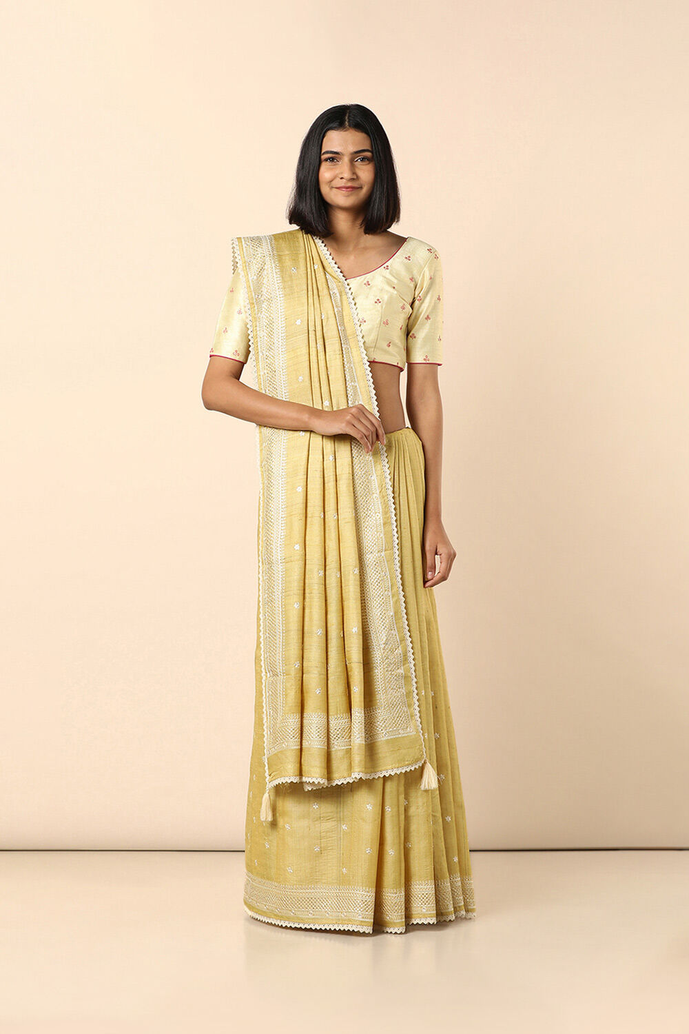 Yellow Pure Tussar Embroidered Saree image number null