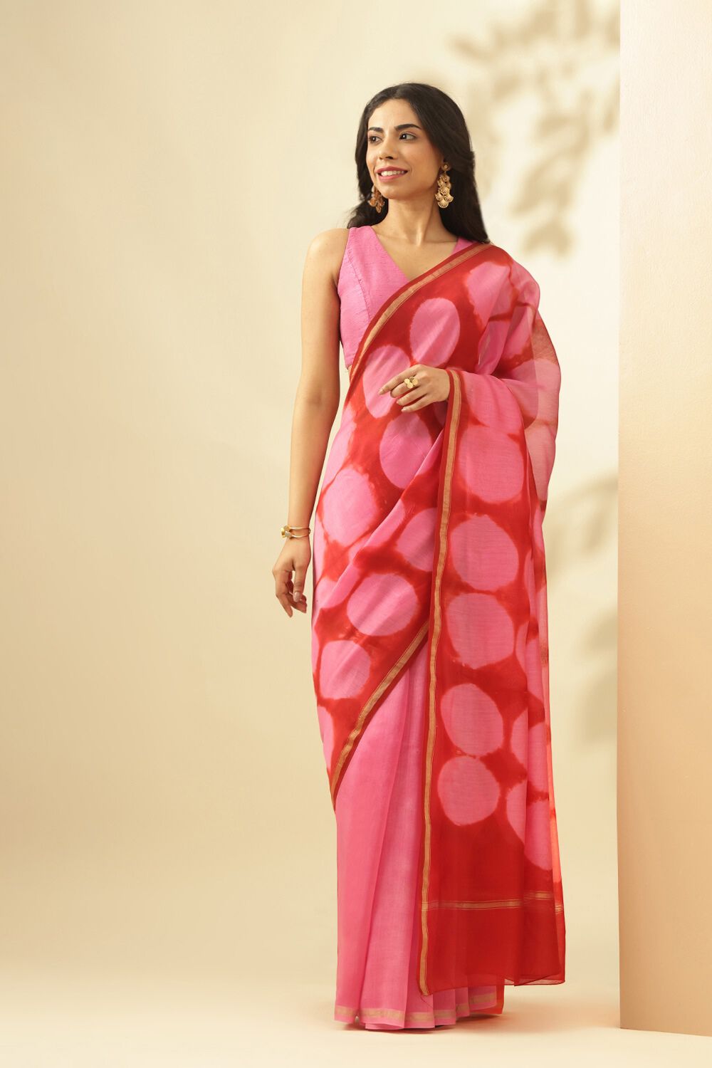 Pink Tie and Dye Shibori Pure Silk Cotton Rajasthan Saree image number null