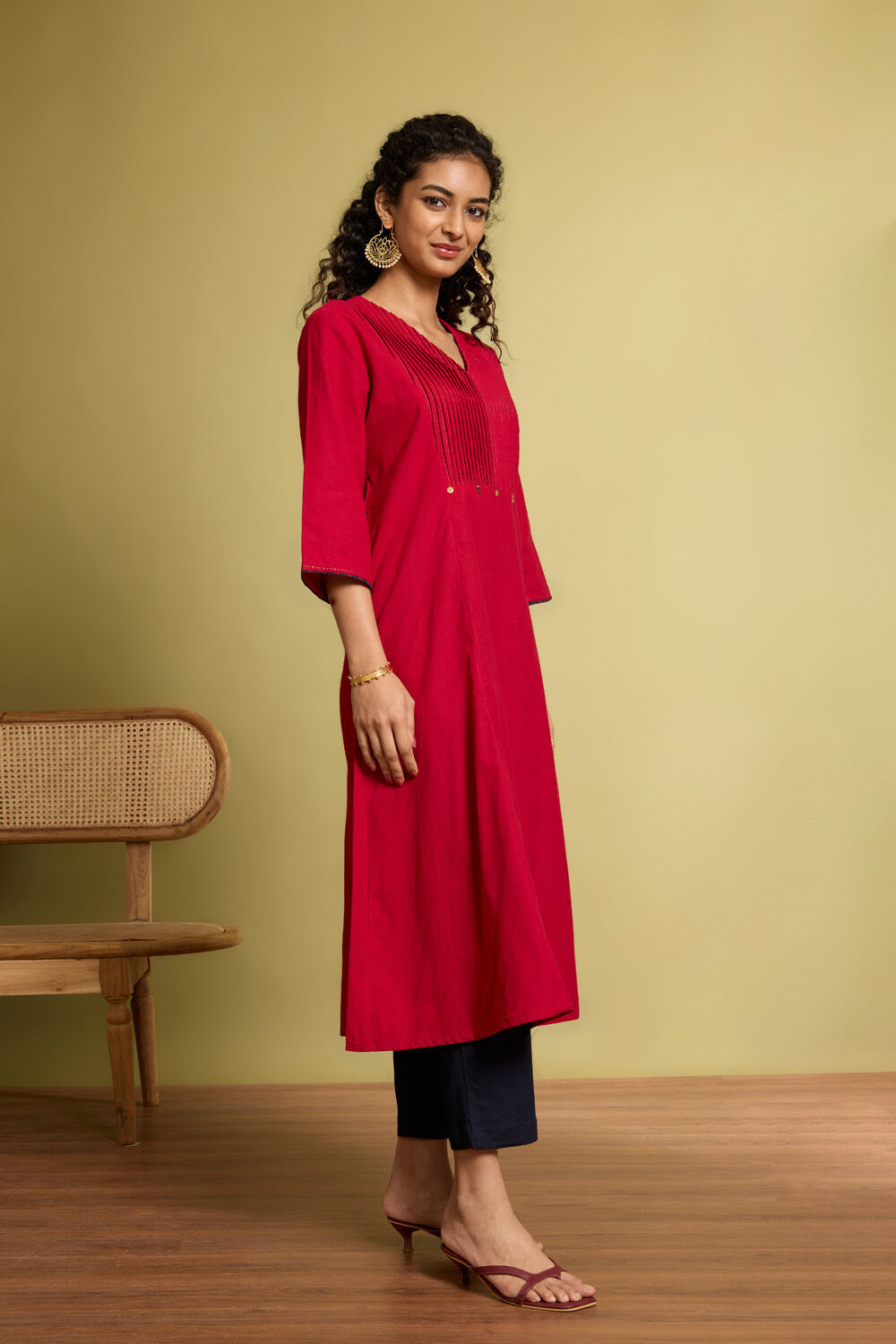 Red Woven Pure Cotton Kurta image number null