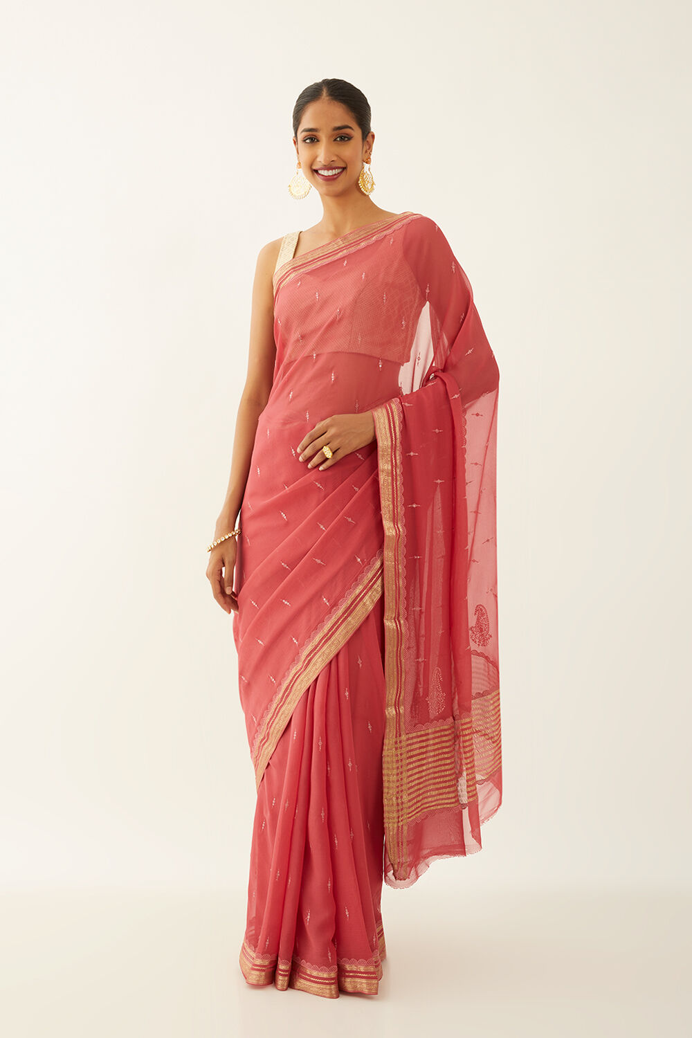 Light Red Pure Chiffon Embroidered Saree image number null