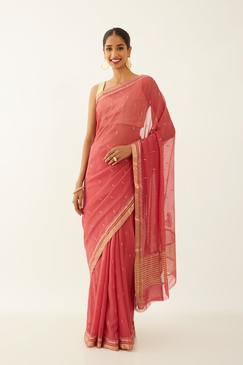 Light Red Pure Chiffon Embroidered Saree image number null