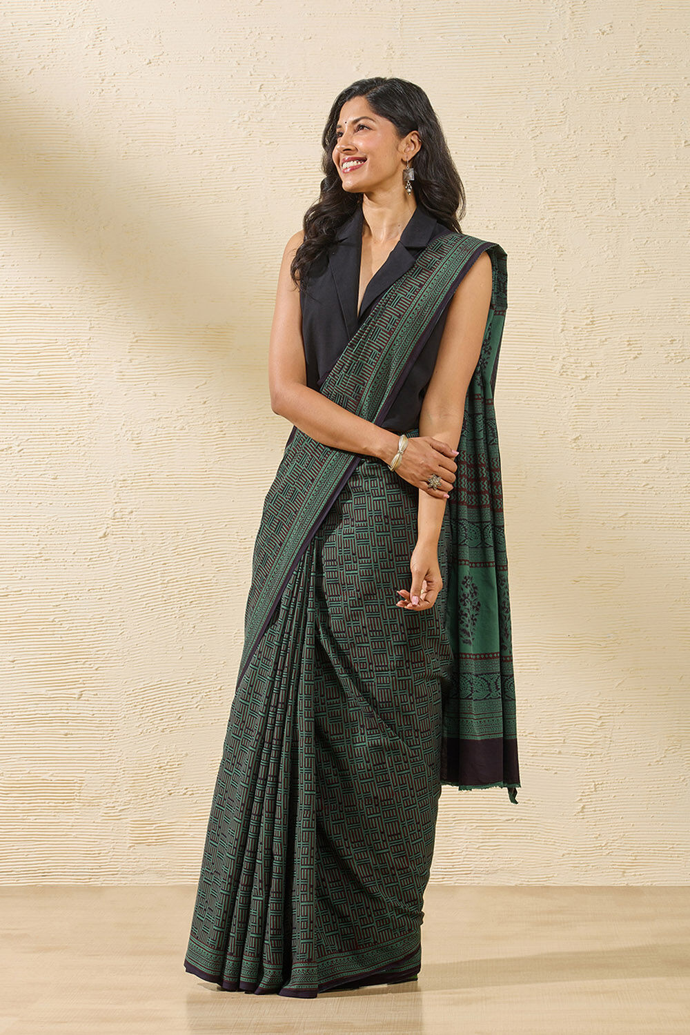 Dark Green Bagh Block Printed Pure Cotton Saree image number null