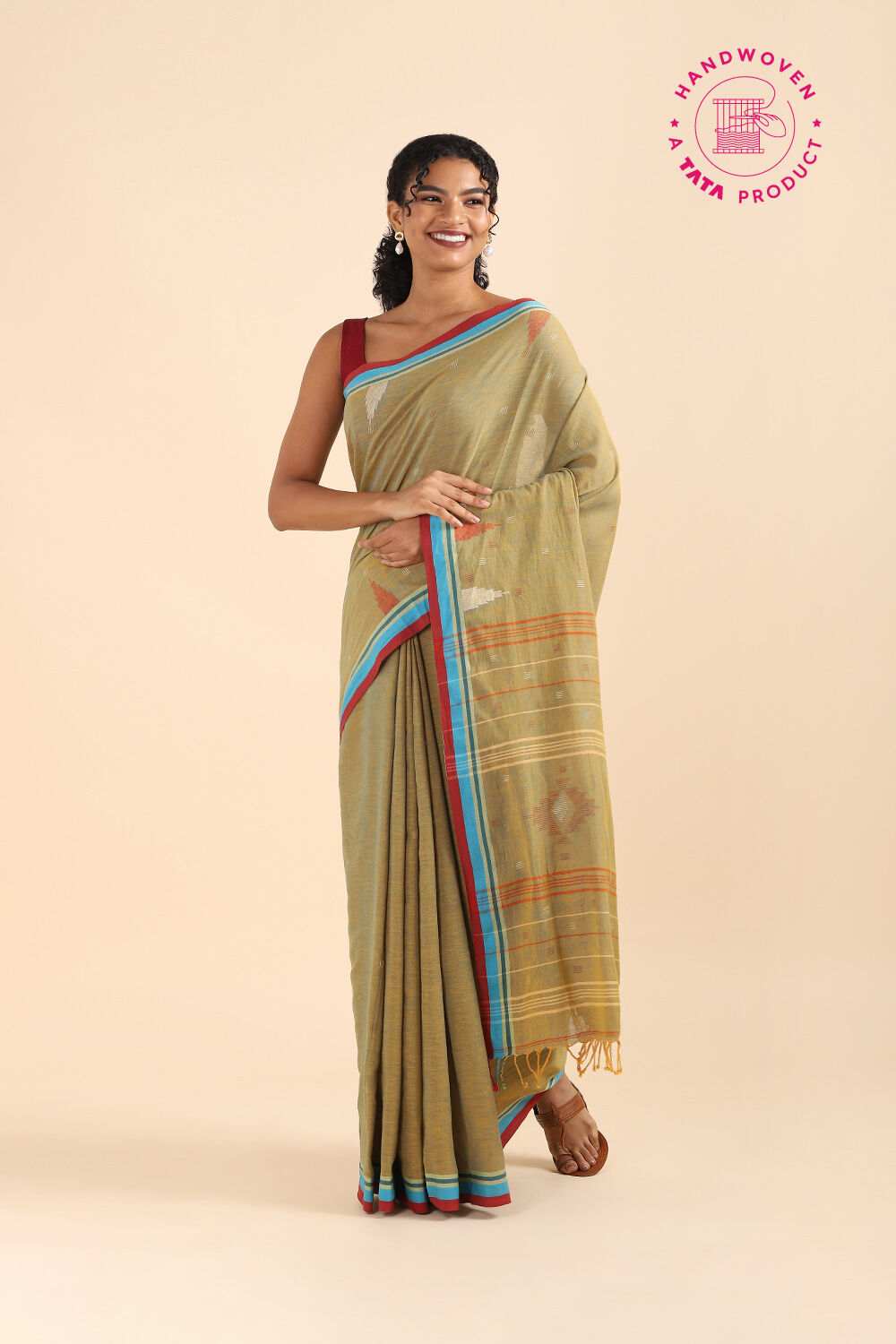 Green Pure Khadi Cotton Jamdani Saree image number null