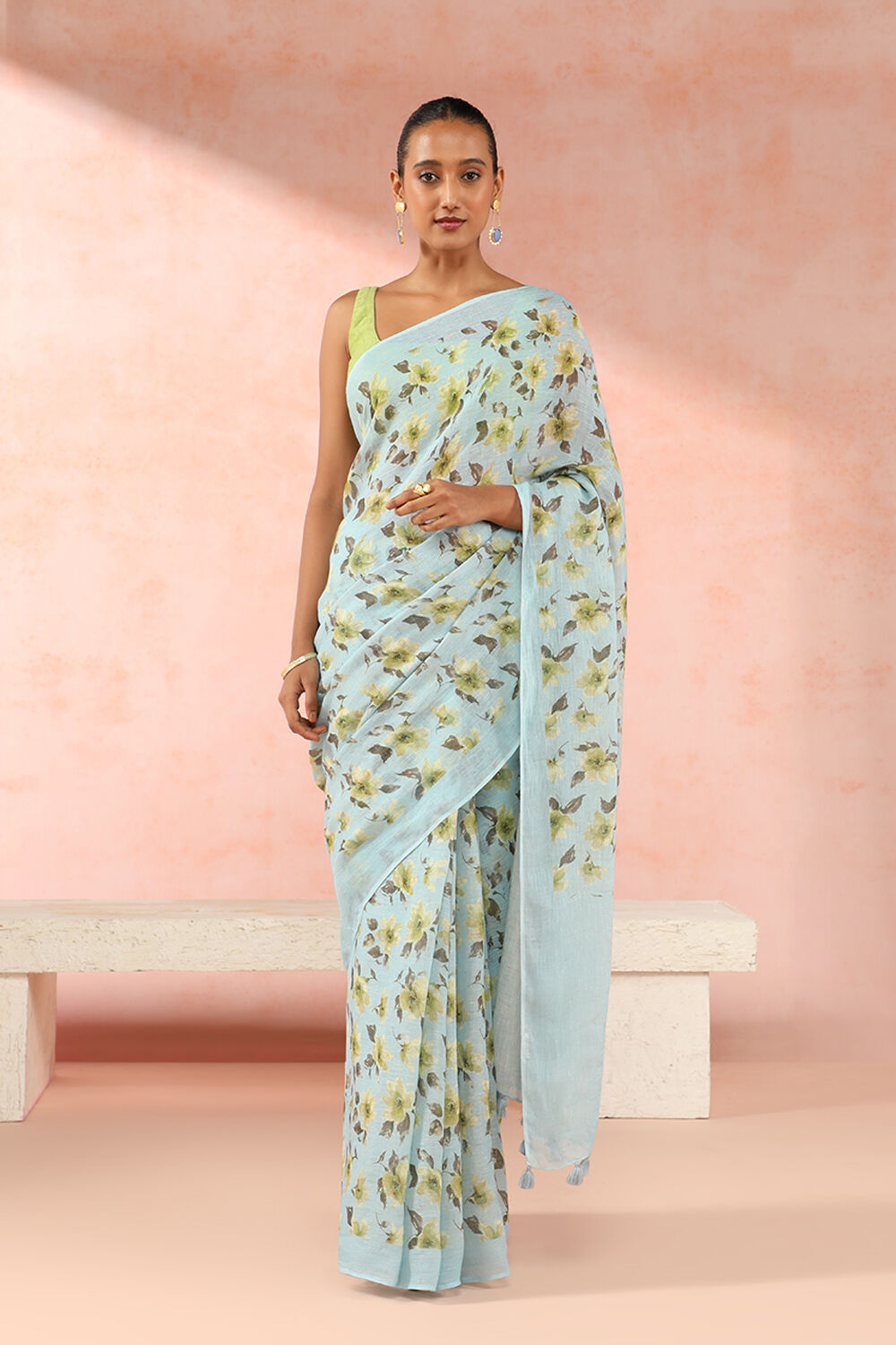 Blue Pure Linen Digital Printed Saree image number null