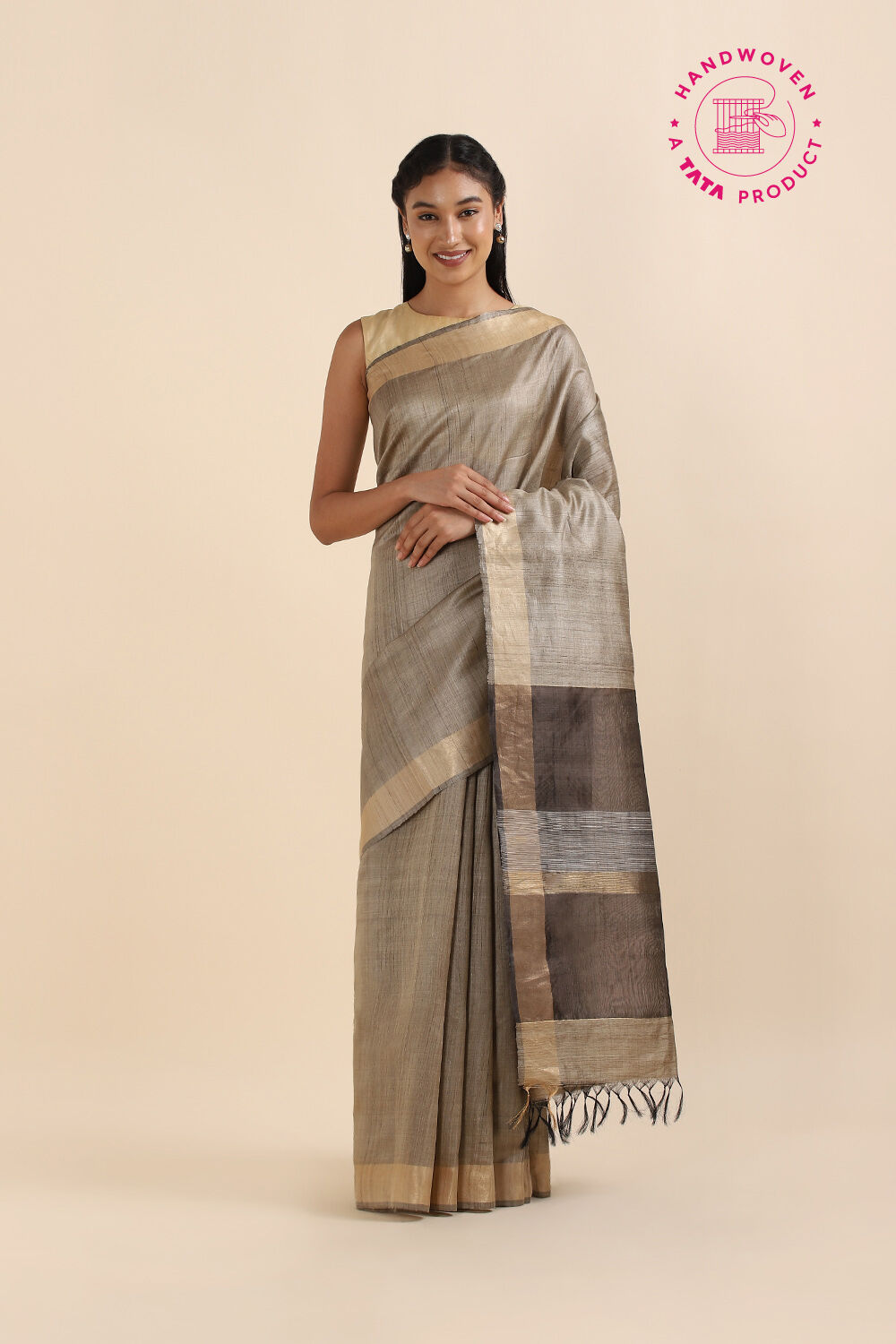 Beige Pure Tussar Silk Bhagalpuri Saree image number null