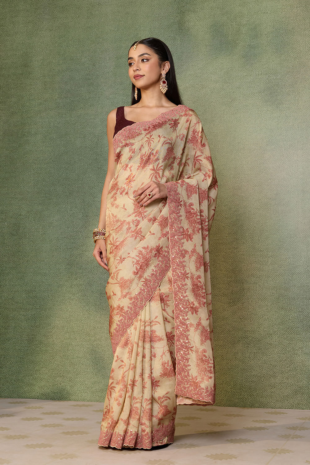Beige Viscose Tissue Embroidered Saree image number null
