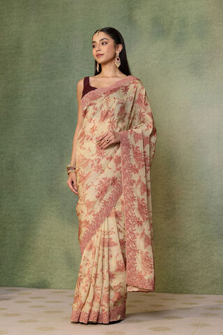 Beige Viscose Tissue Embroidered Saree thumbnail image number null