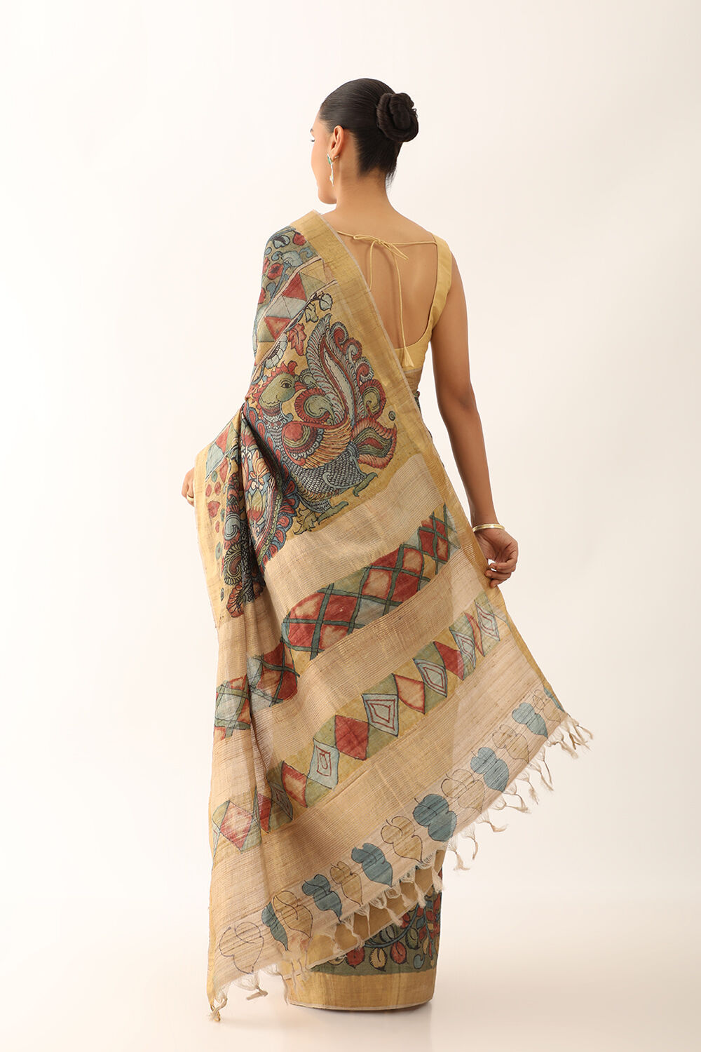 Green Srikalahasti Pure Tussar Silk Kalamkari Saree image number null