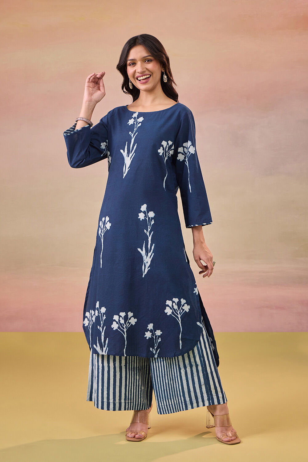 Blue Pure Cotton Dabu Block Printed Kurta Set image number null