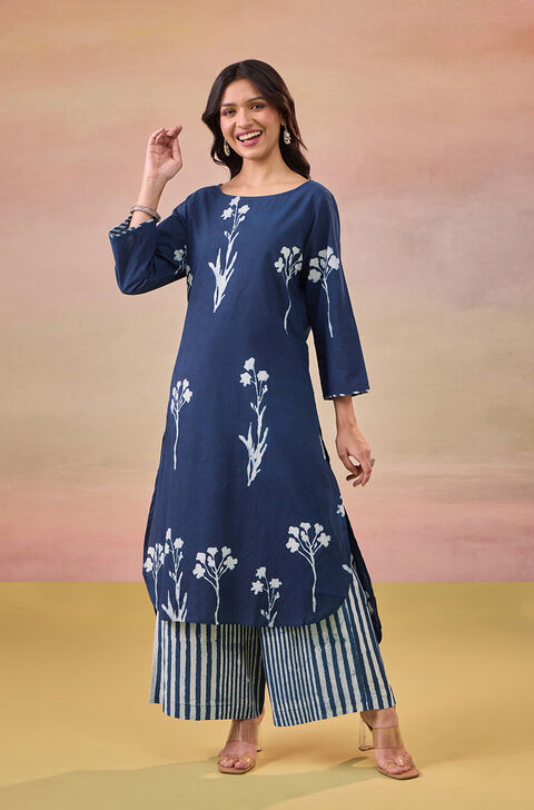 Blue Pure Cotton Dabu Block Printed Kurta Set