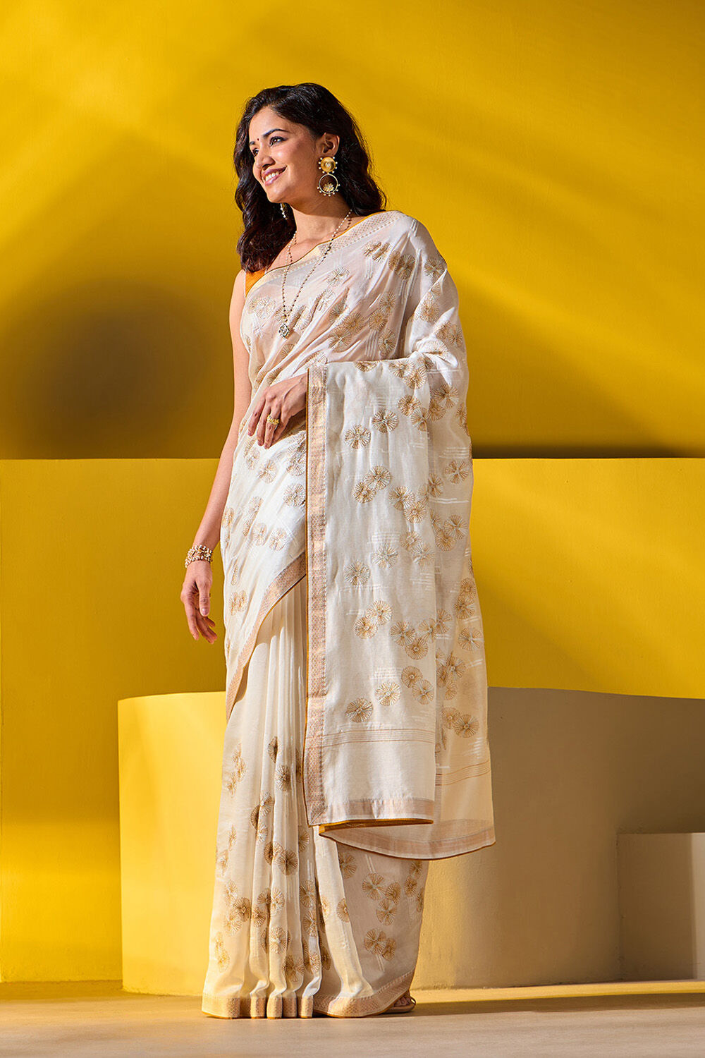 Off White Pure Silk Cotton Embroidered Saree image number null