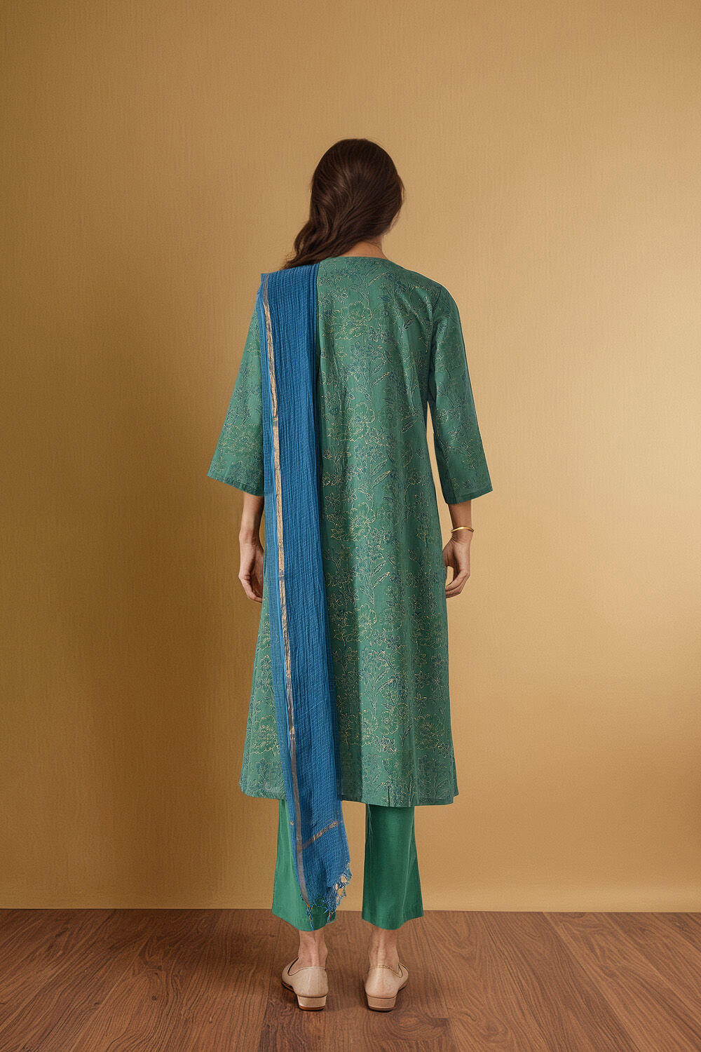 Green Block Printed Pure Cotton Kurta Set image number null