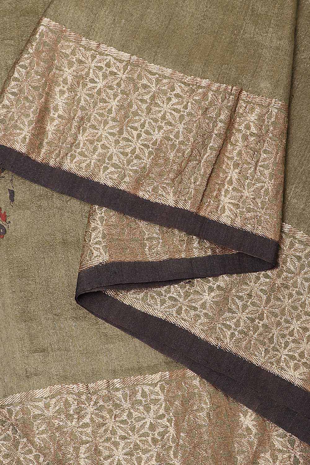 Grey Pure Silk Tussar Bagru Print and Zardosi Embroidered Saree image number null