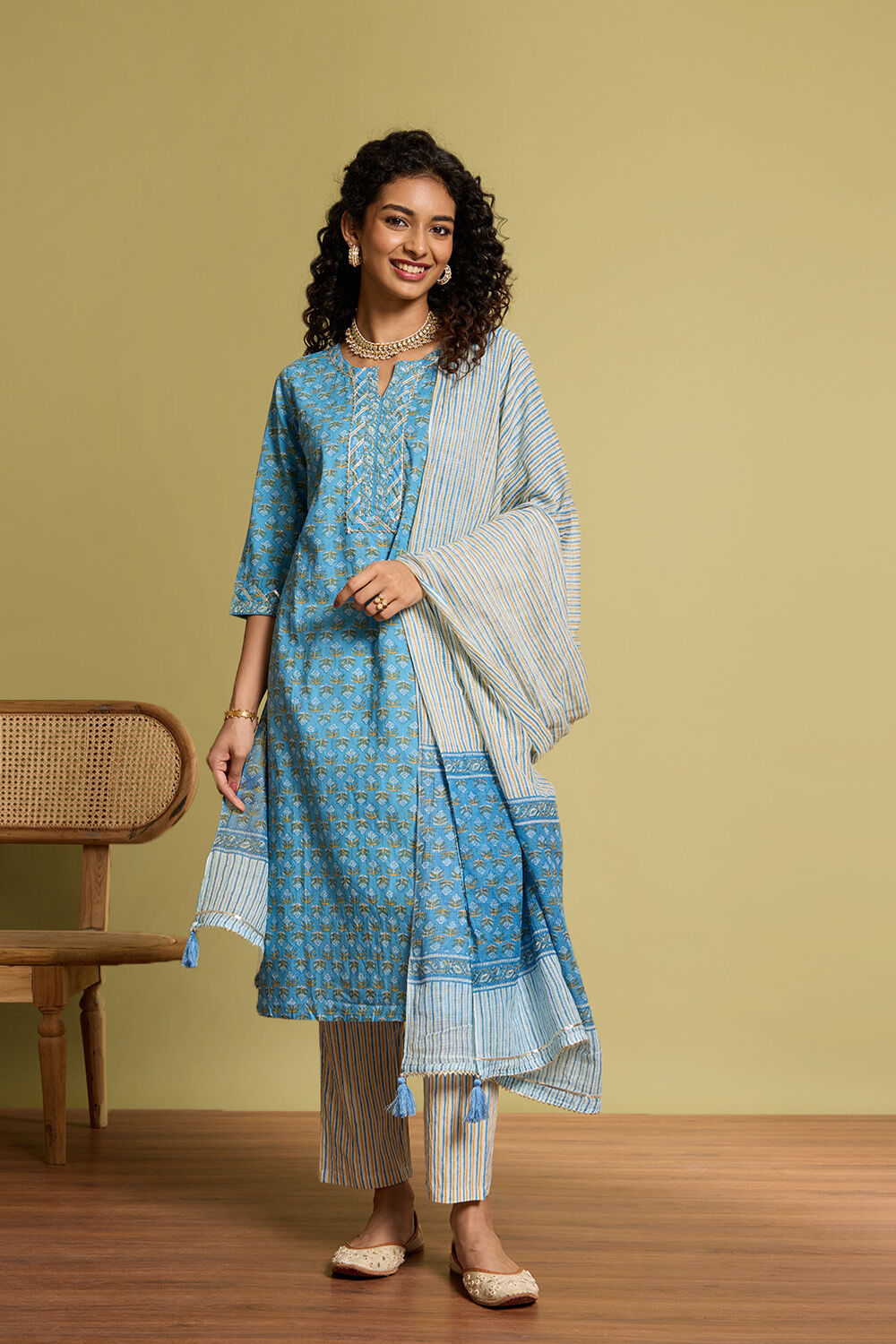 Light Blue Screen Printed  Pure Cotton Kurta Set image number null