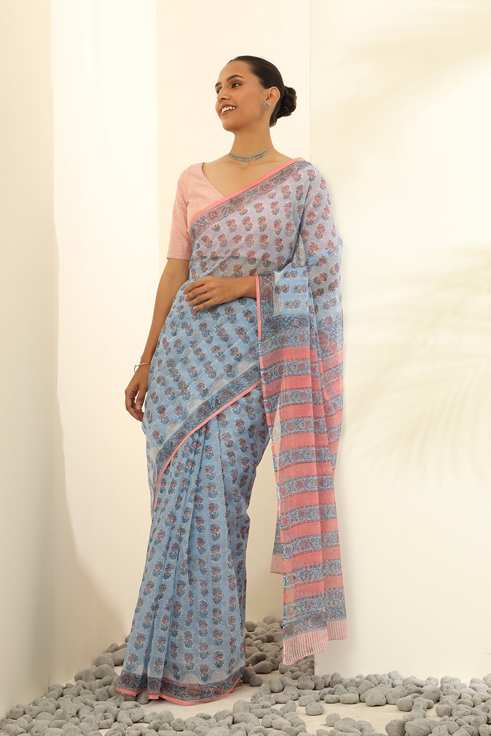 Light Blue Pure Cotton Kota Bagru Block Printed Saree image number null