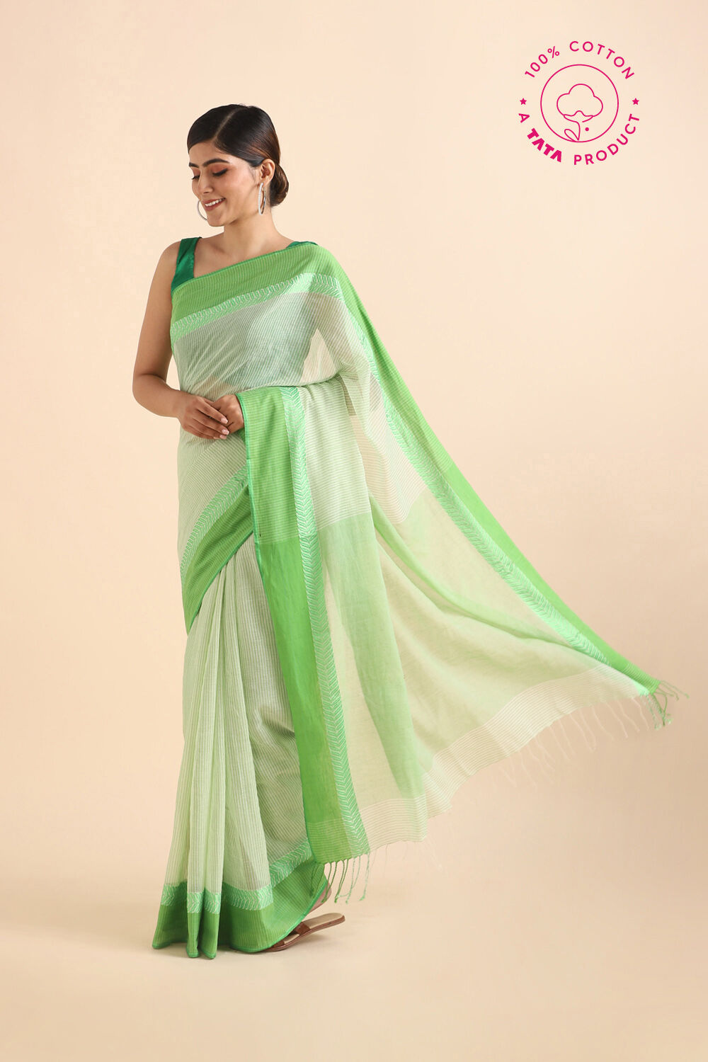 Light Pure Green Cotton Bengal Saree image number null