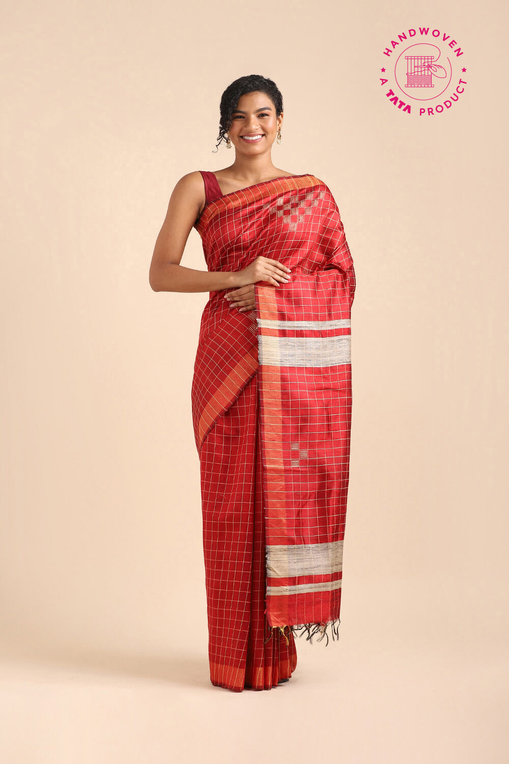 Red Pure Tussar Silk Bhagalpuri Saree image number null