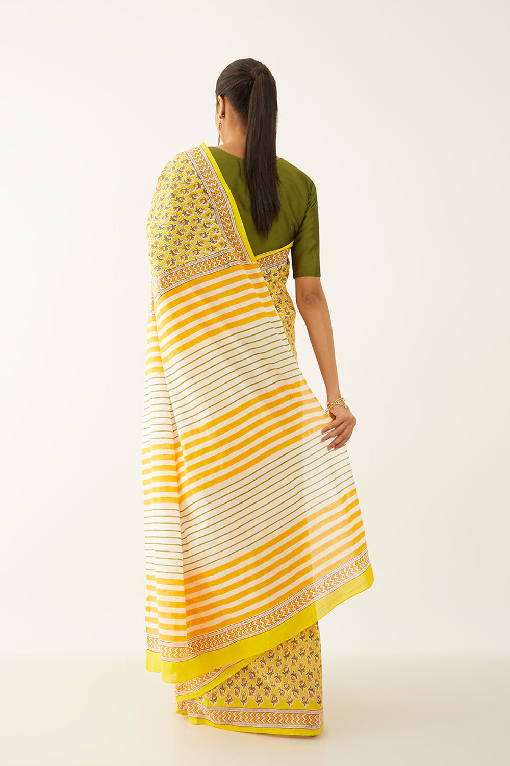 Yellow Pure Cotton Block Print Saree image number null