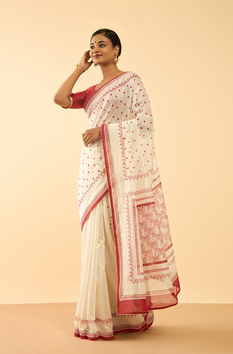 Off White Bengal Block Printed Pure Silk Cotton Saree