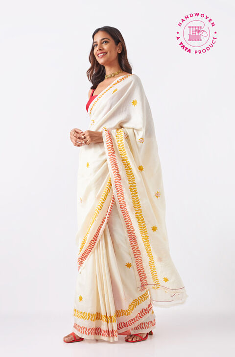 Off White Pure Silk Hand Painted Saree