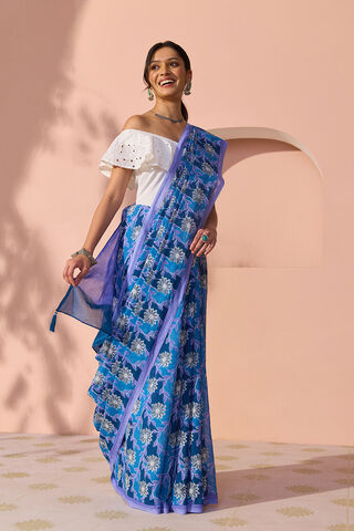 Blue Bengal Screen Printed Pure Cotton Mulmul Saree thumbnail image number null