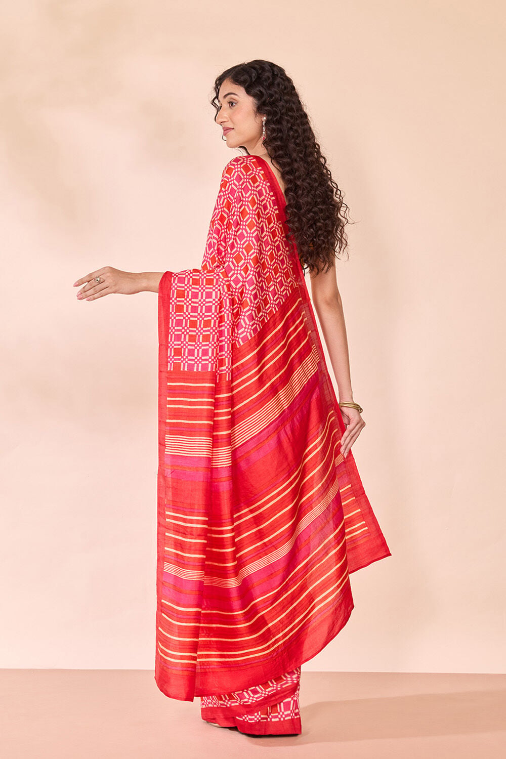 Pink Pure Silk Block Printed Bengal Saree image number null