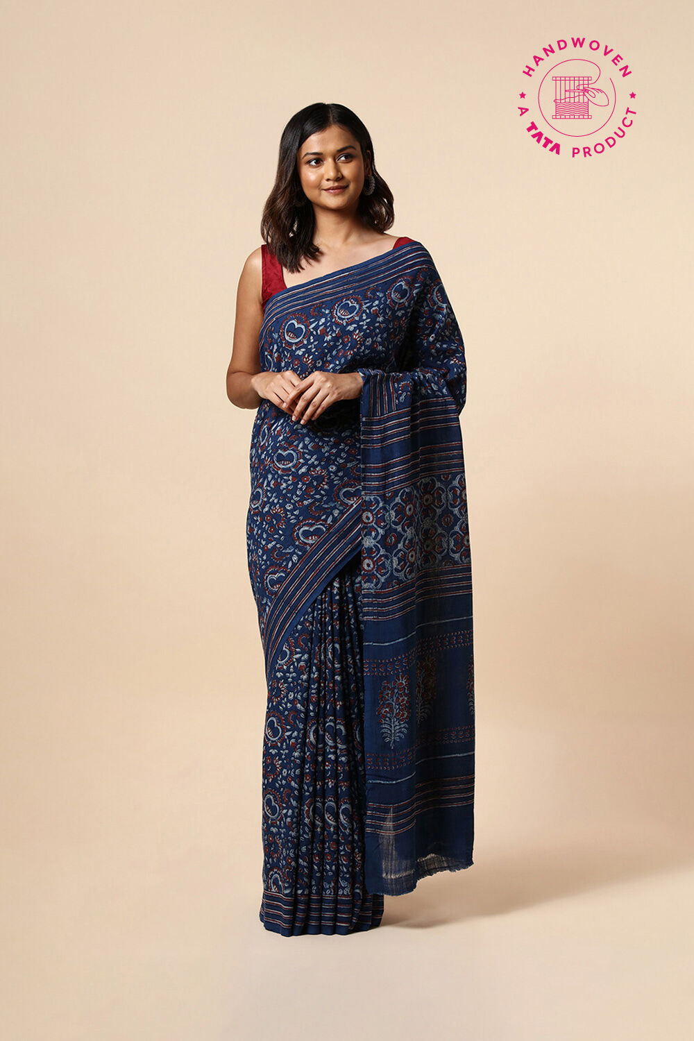 Blue Pure Khadi Cotton Dabu Printed Saree image number null