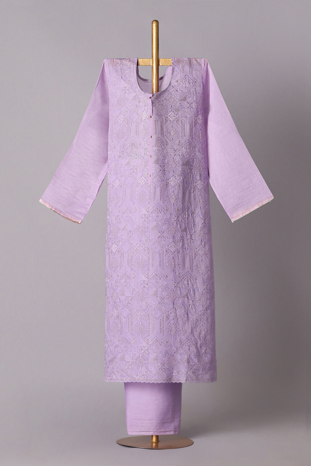 Purple Silk Cotton Embroidered Semistitched Suit Set image number null