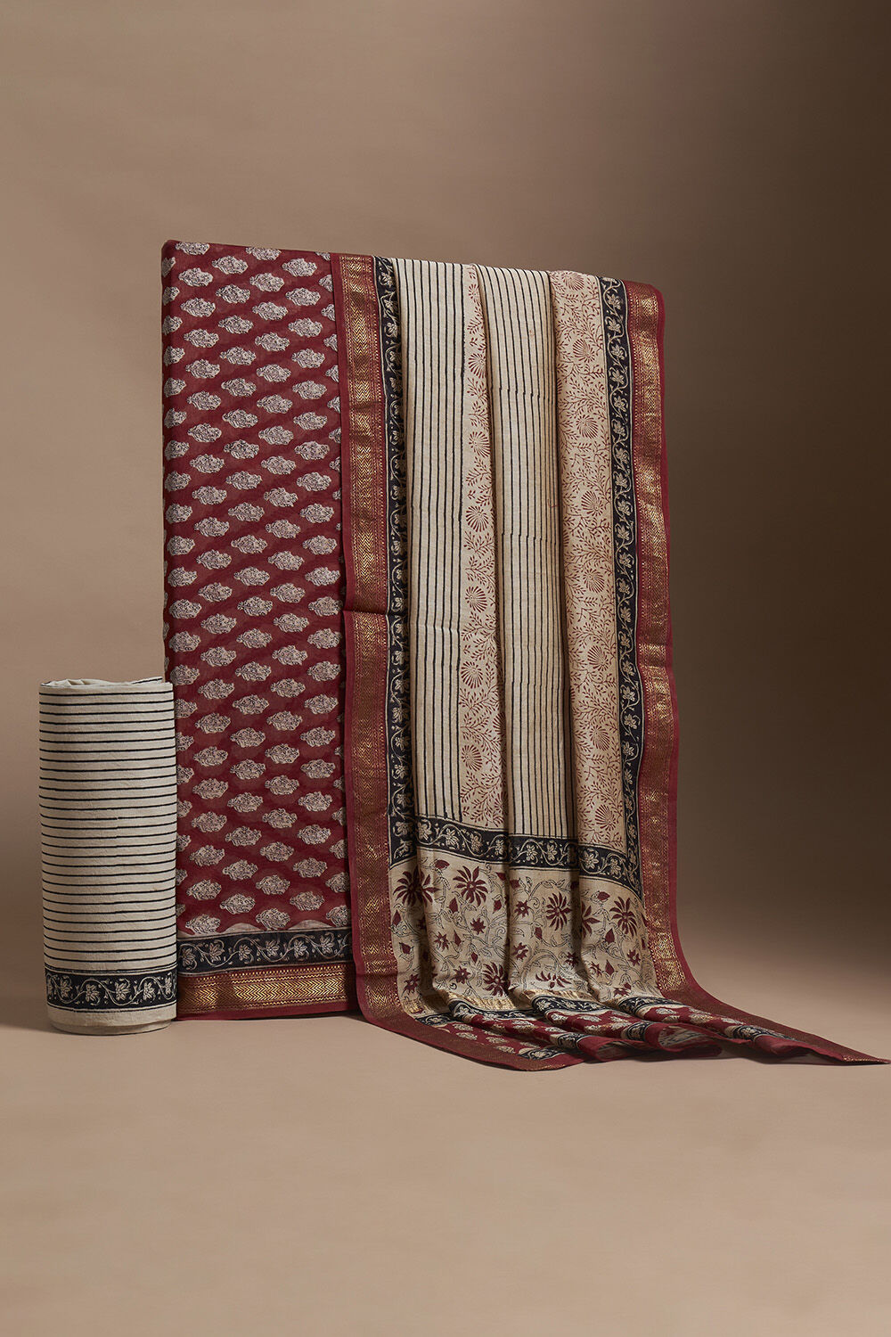 Dark Red Bagru Block Printed Pure Silk Cotton Suit Set image number null