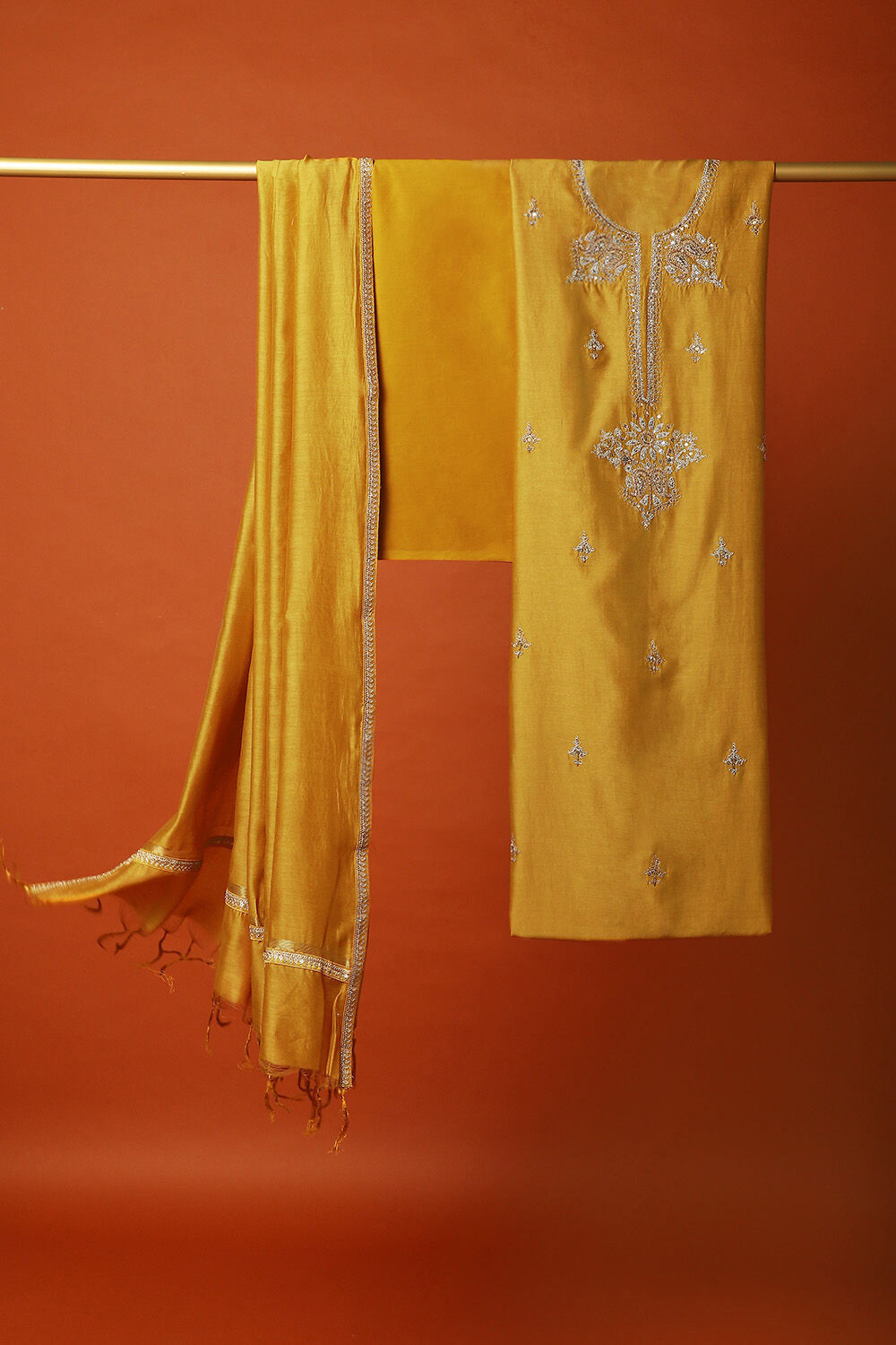 Dark Yellow Silk Cotton Embroidered Unstitched Suit Set image number null
