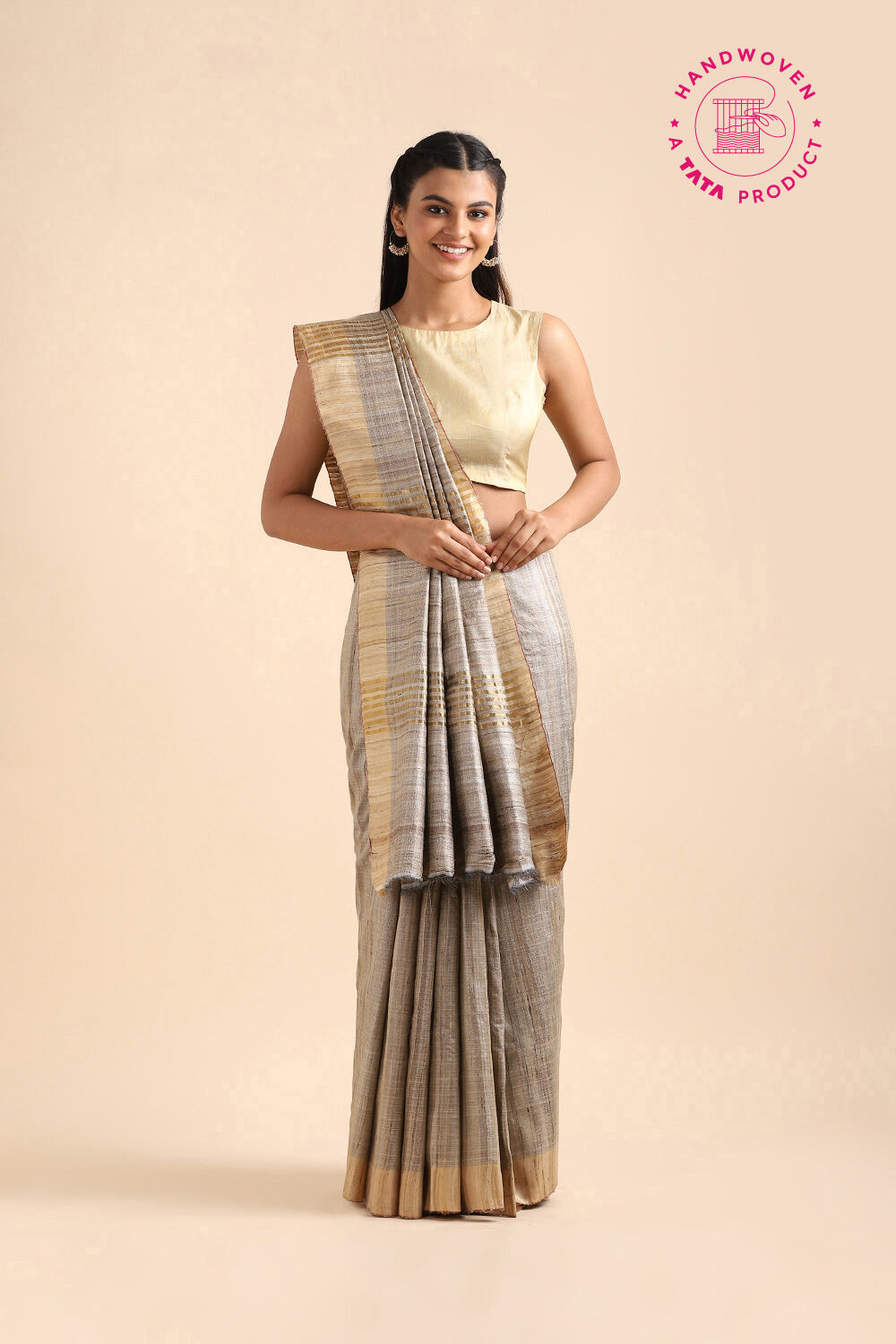 Beige Pure Tussar Silk Bhagalpuri Saree image number null